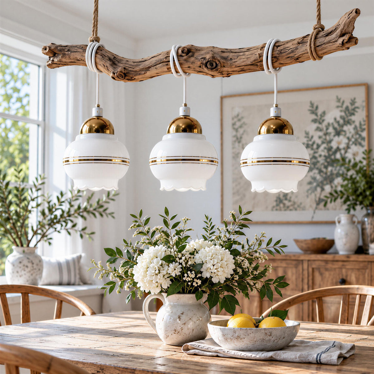 Swedish opaline pendant lights, set of 3, white milk glass with brass