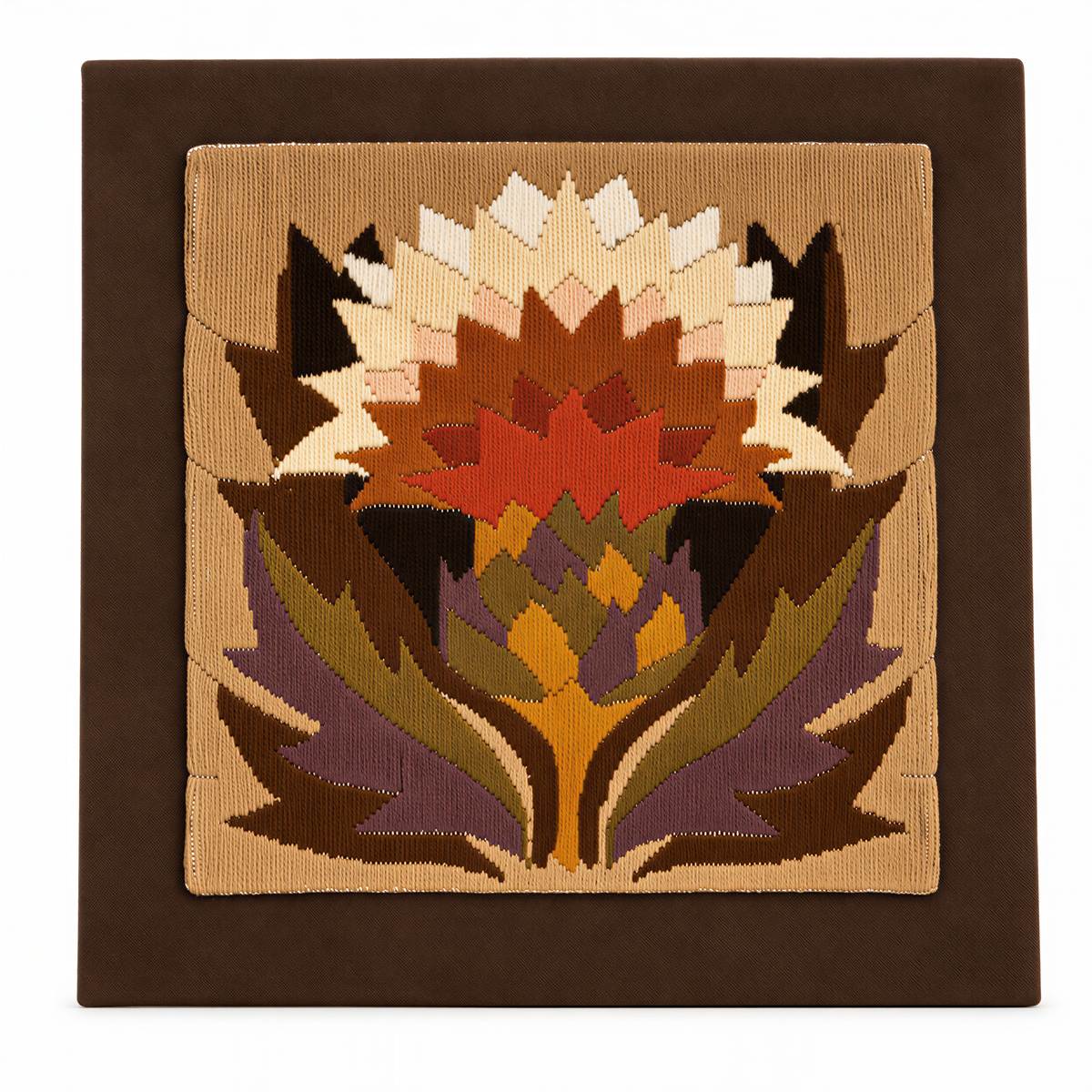 Swedish handwoven flamskväv tapestry with geometric flower in rust red