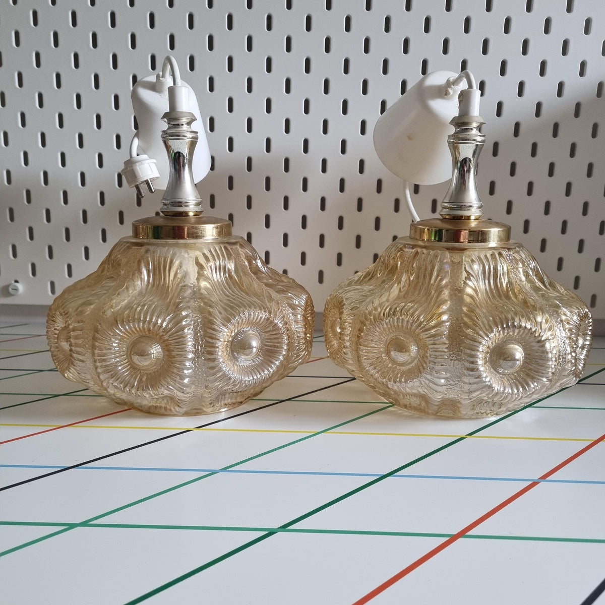 Pair of 1960s Swedish pressed glass pendant lights with brass-tone fittings – photo 5