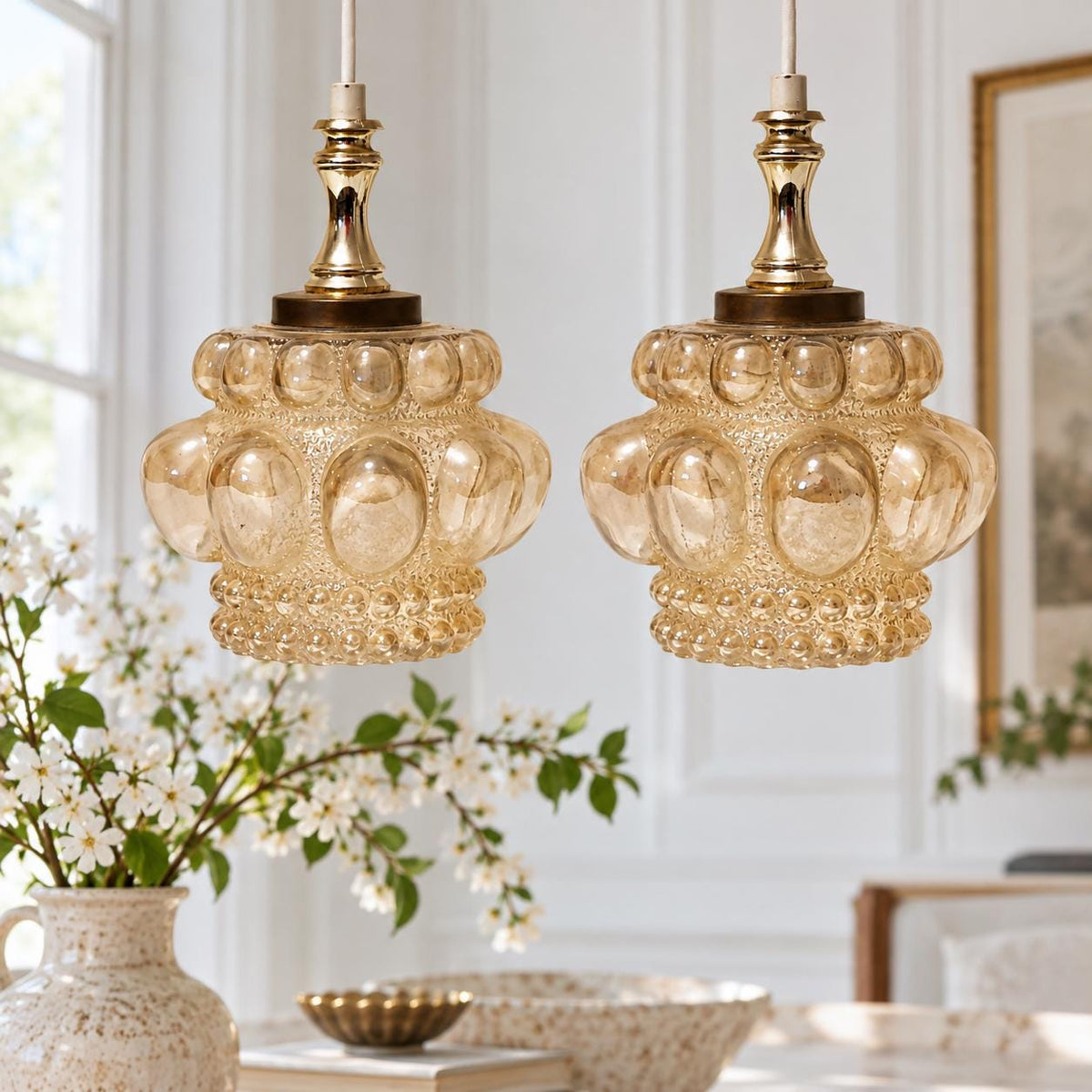 Pair of 1960s Swedish bubble glass pendant lights with brass-tone fittings – photo 3