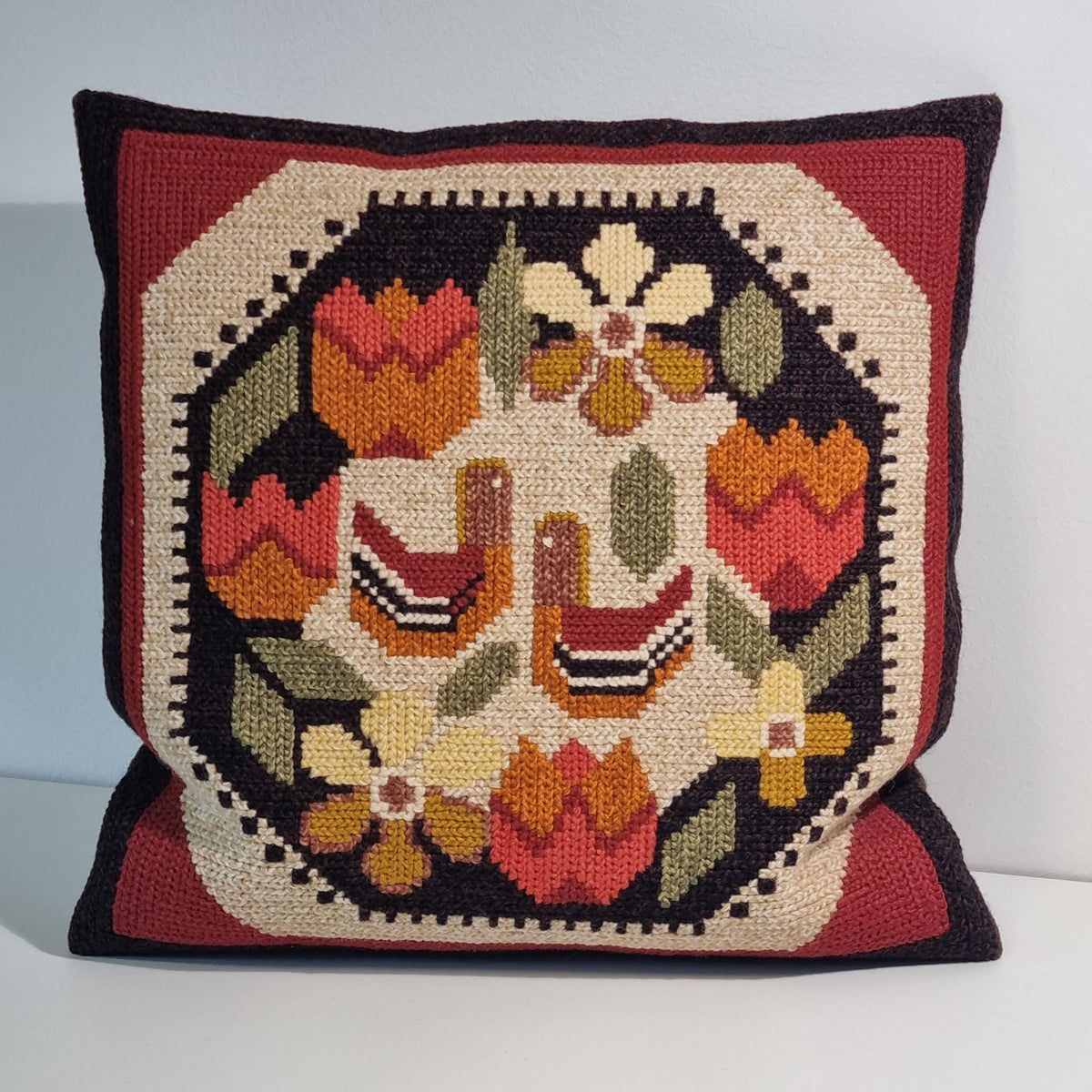 Swedish Allmoge wool needlepoint cushion with folk birds and tulips – photo 3