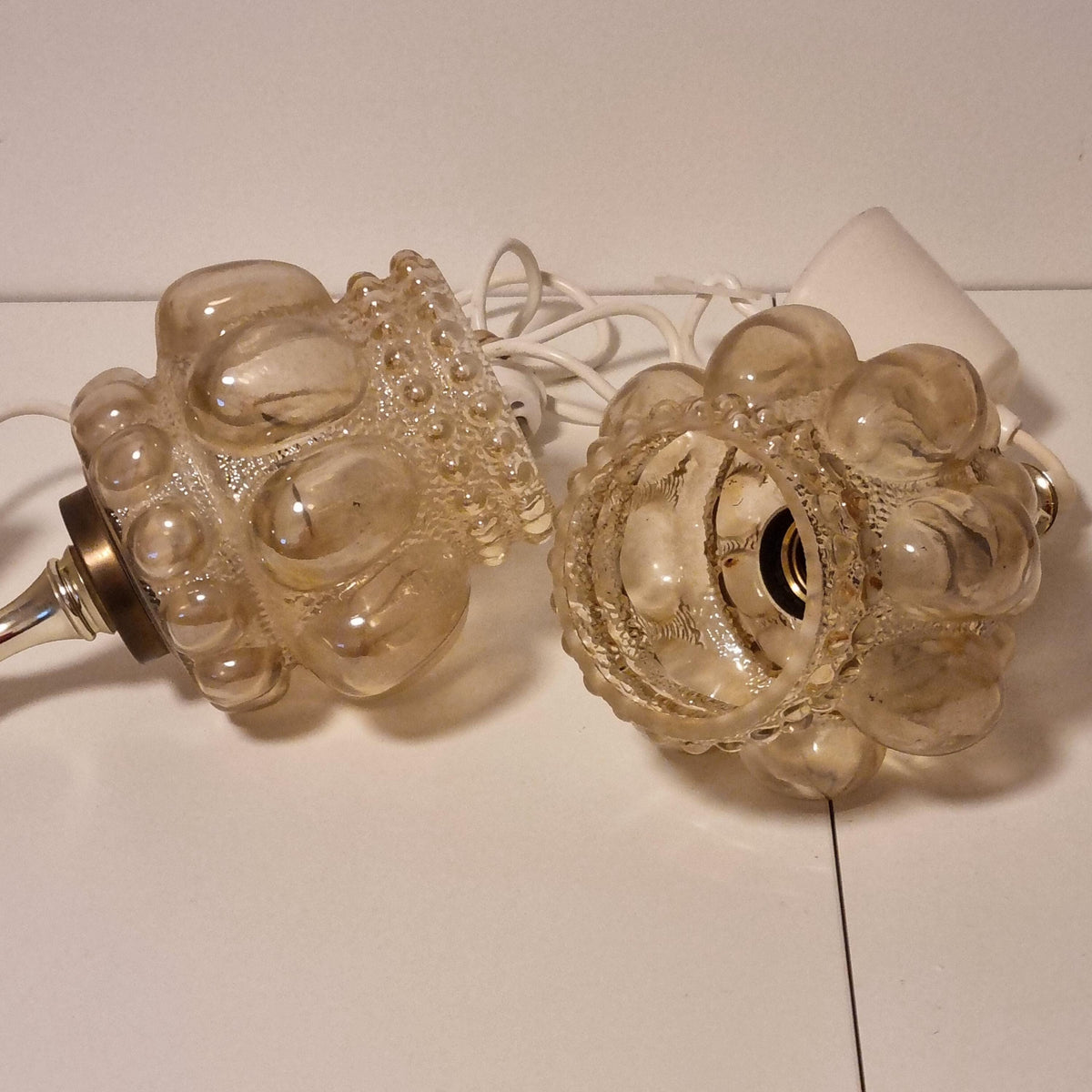Pair of 1960s Swedish bubble glass pendant lights with brass-tone fittings – photo 9