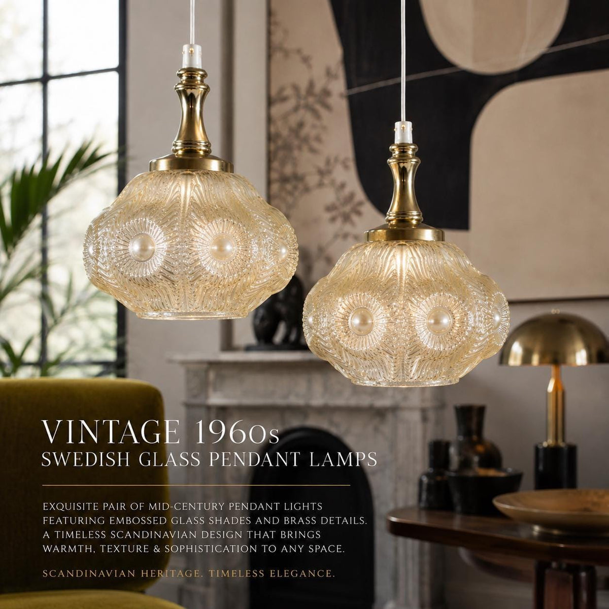 Pair of 1960s Swedish pressed glass pendant lights with brass-tone fittings – photo 2