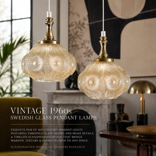 Pair of 1960s Swedish pressed glass pendant lights with brass-tone fittings – photo 2