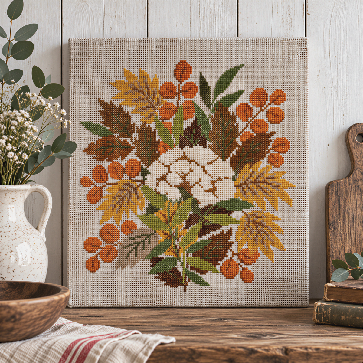 Swedish floral cross stitch wall art with golden flowers and orange berries – photo 2