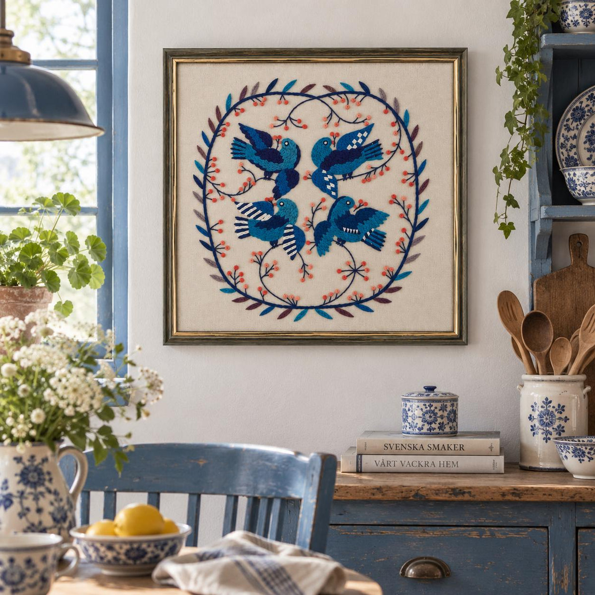 Framed Swedish Blekingesöm embroidery of four blue birds on linen – photo 2