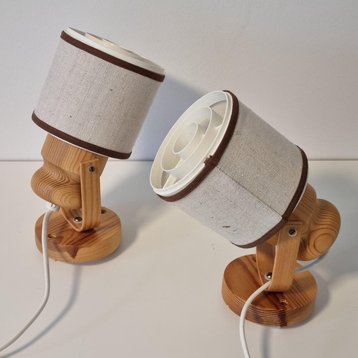 Pair of 1970s Swedish pine wall sconces with linen shades – photo 3