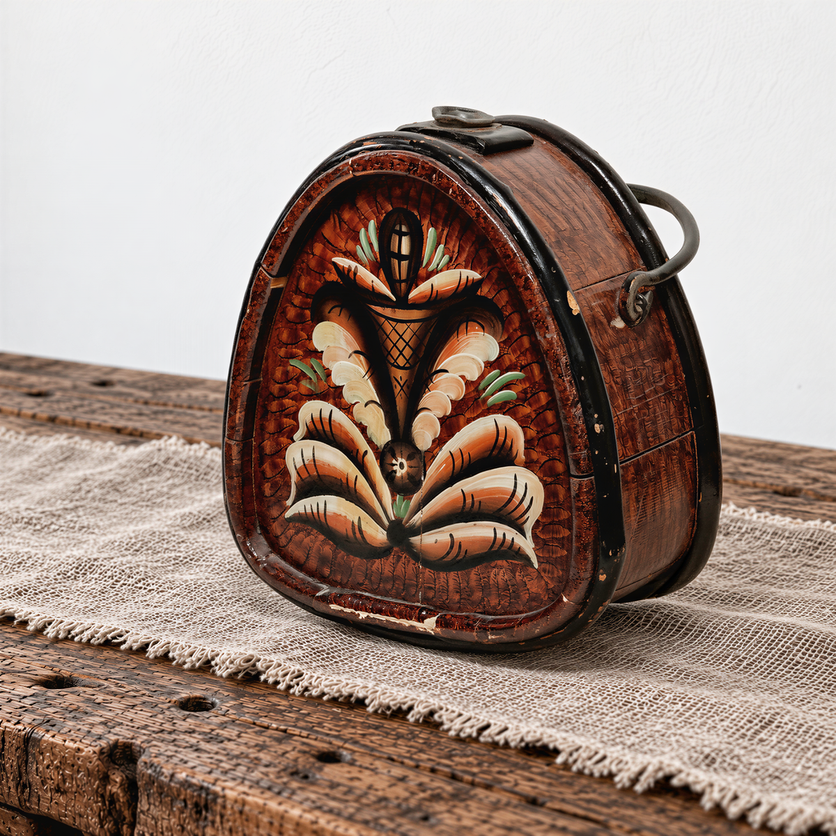 Painted staved wooden flask with black split-branch hoops