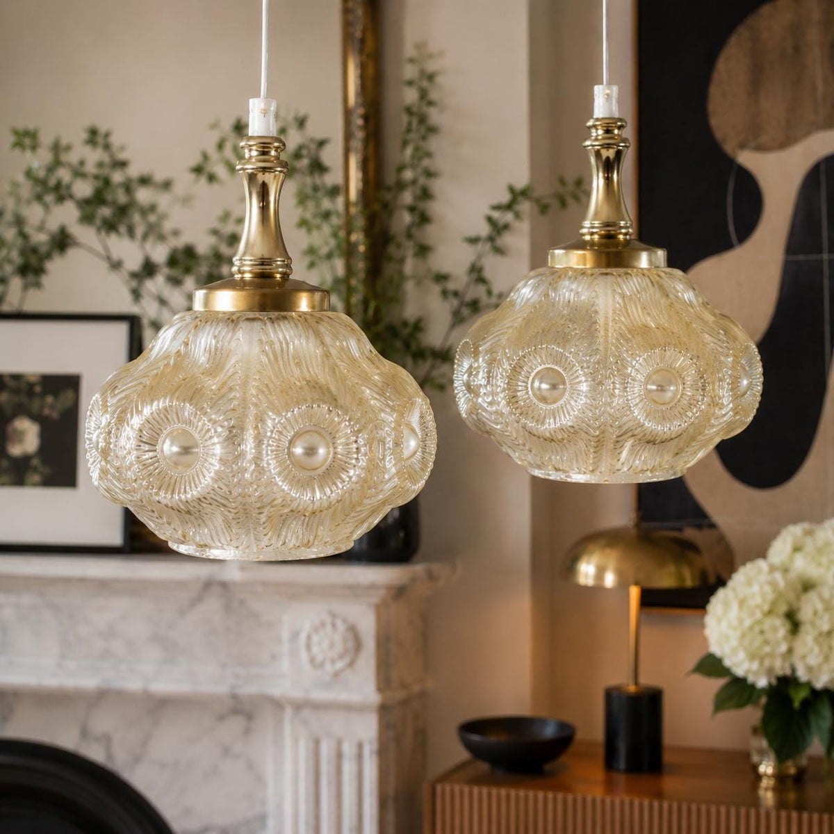 Pair of 1960s Swedish pressed glass pendant lights with brass-tone fittings