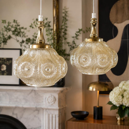 Pair of 1960s Swedish pressed glass pendant lights with brass-tone fittings