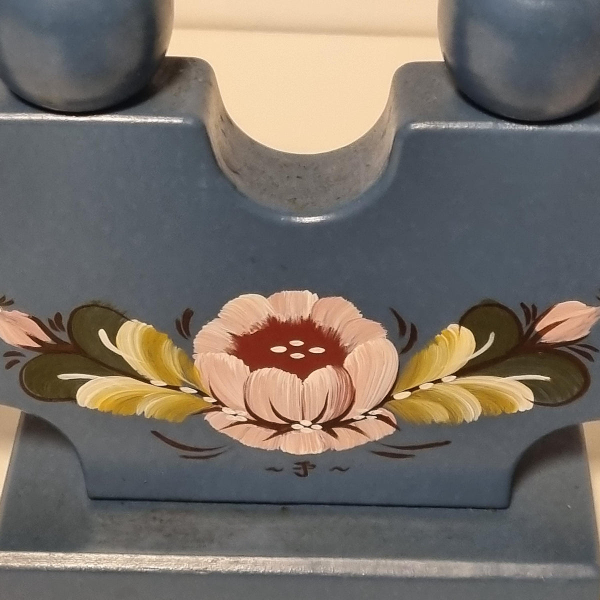 Swedish blue wooden candelabra with hand-painted Kurbits flowers – photo 5
