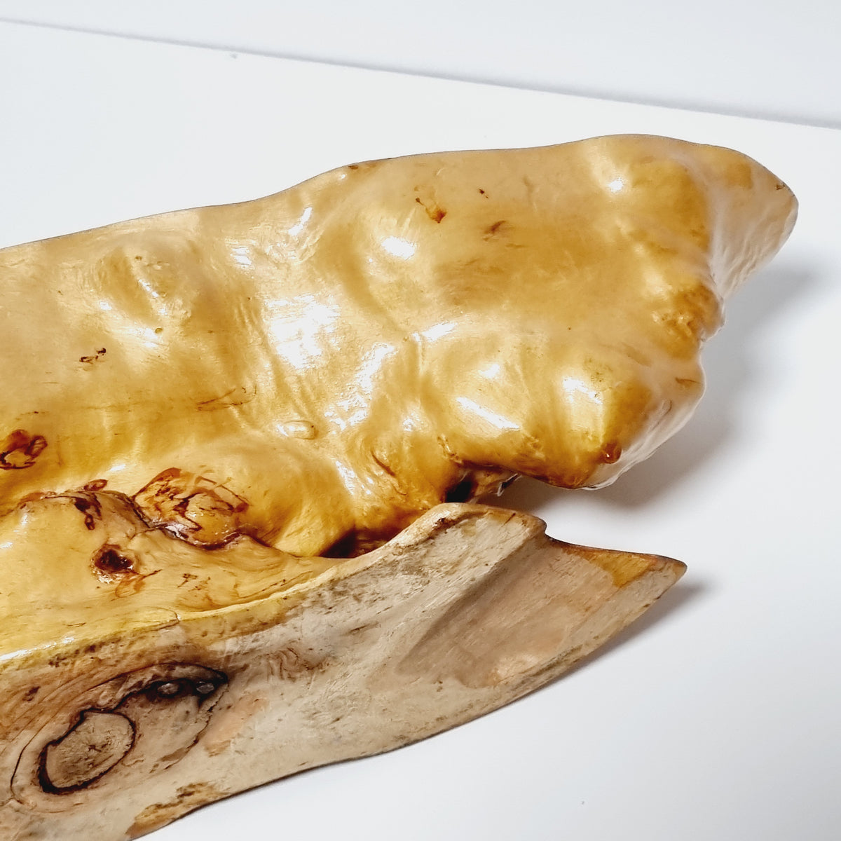 Honey-toned lacquered grain on Swedish root wood bowl