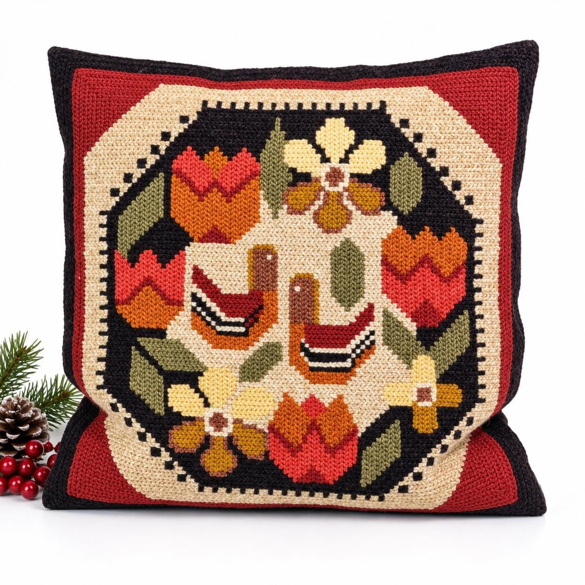 Swedish Allmoge wool needlepoint cushion with folk birds and tulips