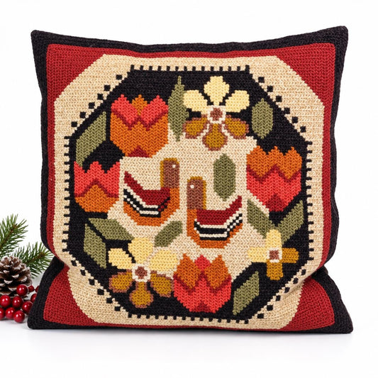 Swedish Allmoge wool needlepoint cushion with folk birds and tulips