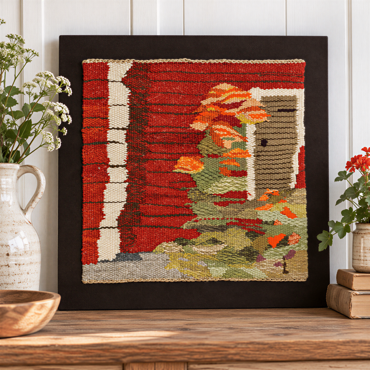 Swedish handwoven tapestry of a red cottage with orange flowers – photo 2