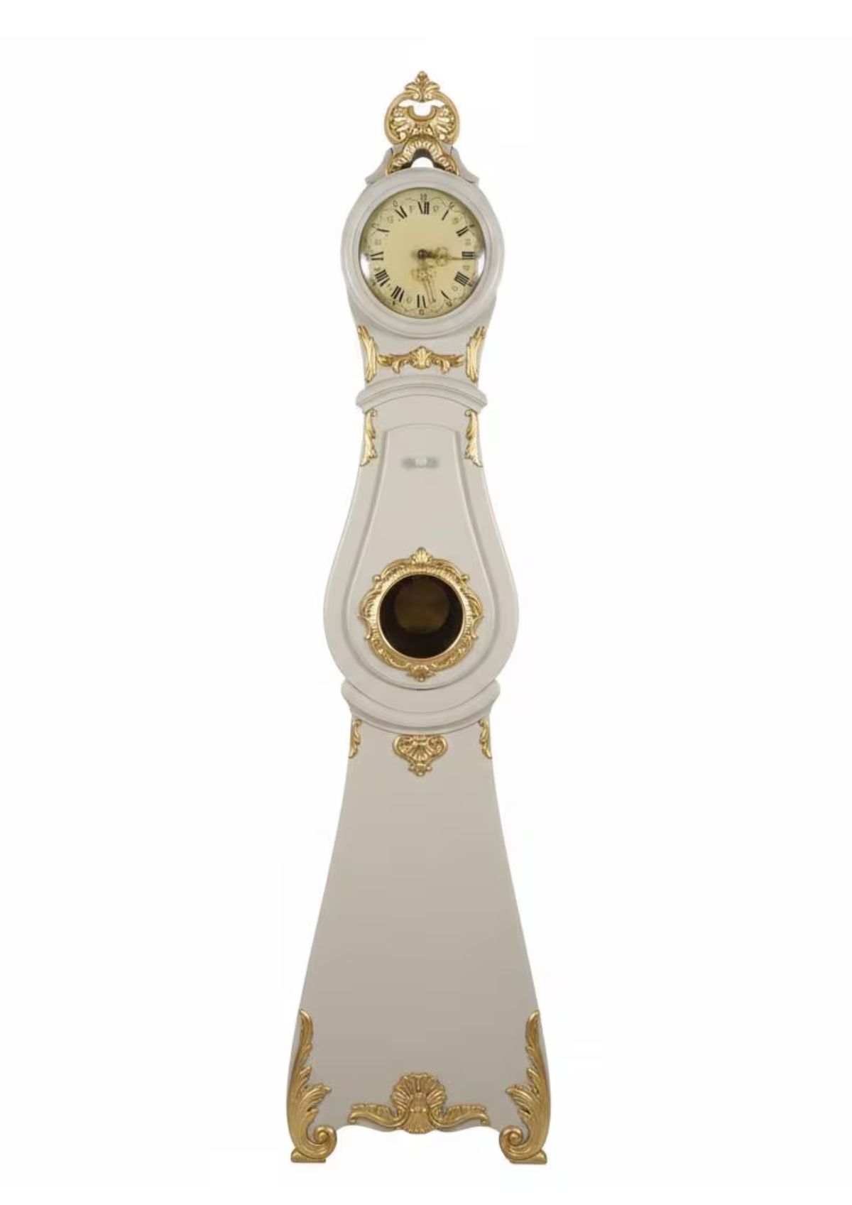 Vintage Swedish Mora clock, white case with gilded ornaments and round dial