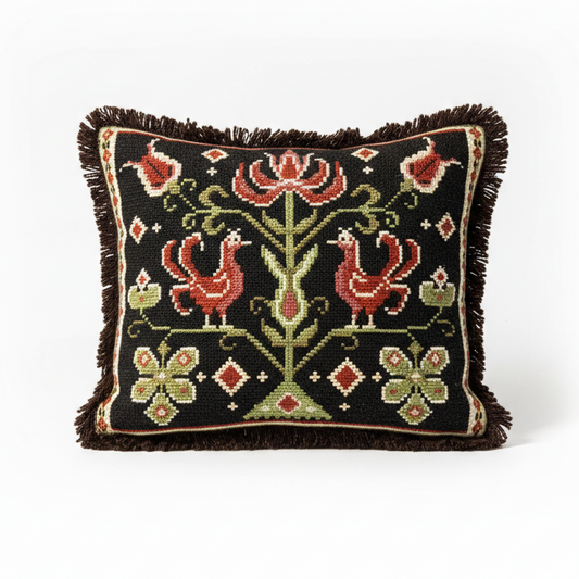 Antique Swedish Folk Art Pillow – Embroidered Cushion with Roosters & Floral Motifs, 13" × 13", authentic vintage, timeless charm.