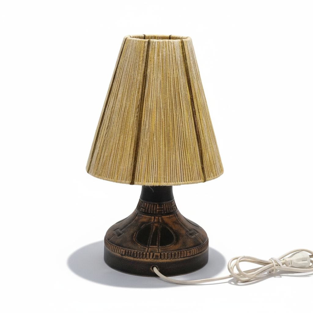Munk Keramik Danish Ceramic Table Lamp – 1960s Studio Pottery with woven fabric shade, authentic vintage, timeless charm.