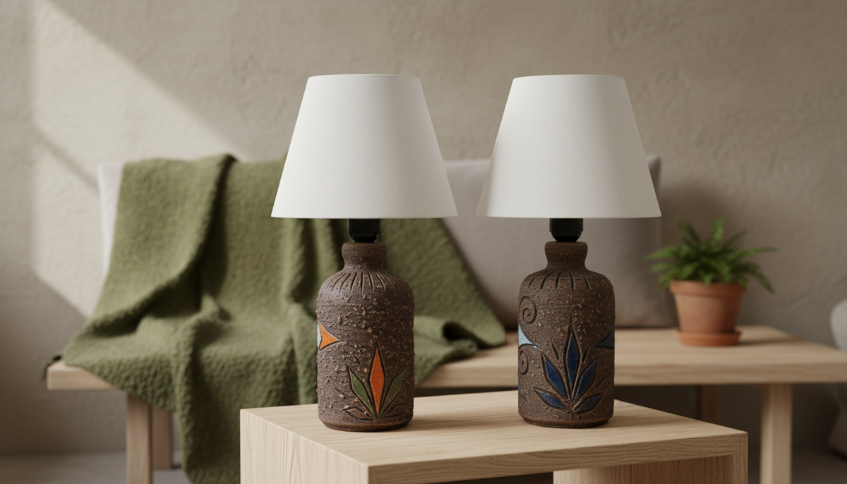 Two Brutalist Ceramic Table Lamp Base – Handcrafted Mid-Century Studio Pottery with textured stoneware and timeless charm.