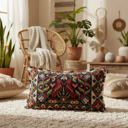 Antique Swedish Embroidered Pillow – Handwoven Folk Art Cushion showcasing authentic vintage folk art, timeless charm in cozy boho room.