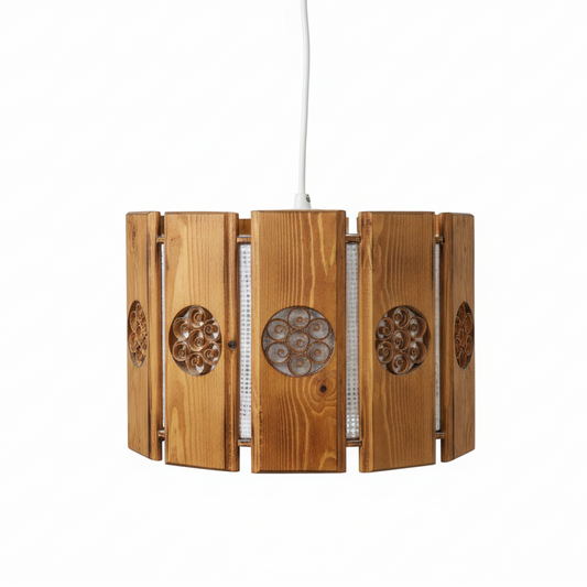 Vintage Scandinavian Wood Pendant Light – Carved Medallions, Japandi Style, authentic vintage, timeless charm, mid-century modern design.