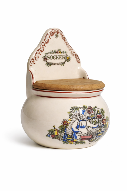 Åksini Stentøj Danish Ceramic Sugar Jar – Scandinavian Kitchen, Wooden Lid with vintage floral and chef illustration