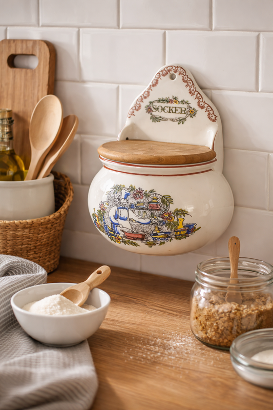 Åksini Stentøj Danish Ceramic Sugar Jar – Scandinavian Kitchen, Wooden Lid hanging on white tiled wall with rustic decor