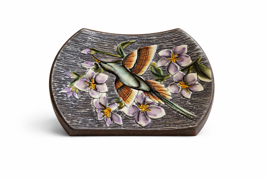 Allingsås Swedish Ceramic Plate – Hand-Painted Bird & Floral, Mid-Century with detailed purple flowers and a colorful bird design