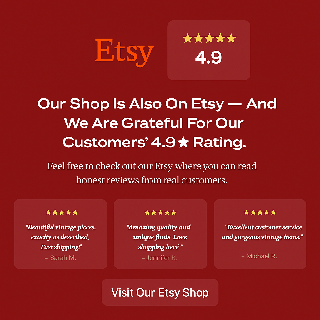 Etsy shop customer rating 4.9 stars with testimonials praising vintage Scandinavian decor and quality service.