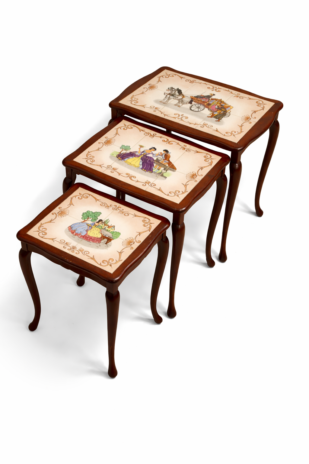 Rococo Nesting Tables: Hand-Painted Ceramic Tiles, 1960s Swedish Design, authentic vintage, timeless charm.