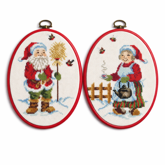 Hand-embroidered Santa & Mrs. Claus Christmas Decor - Vintage Cross Stitch Set, timeless charm, authentic vintage design