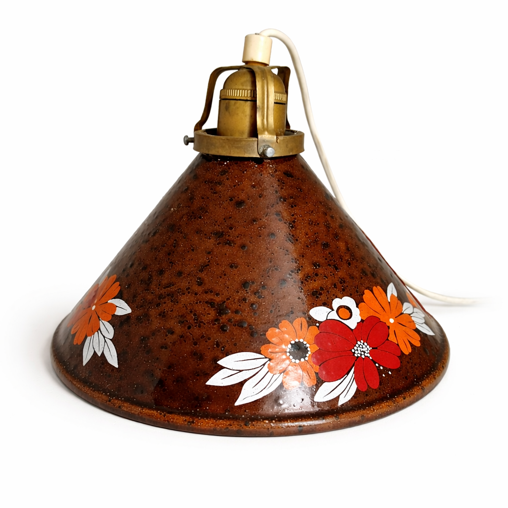 Vintage Enamel Hanging Lamp: Scandinavian Floral Pendant Light — vintage Scandinavian mid-century lamp, handmade in Sweden