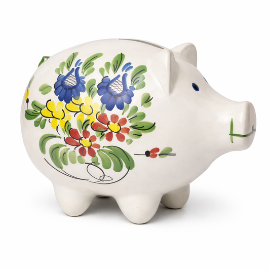 Guldkroken Hjo Swedish Folk Art Ceramic Piggy Bank – 1970s with colorful floral hand-painted Nordic folk art design
