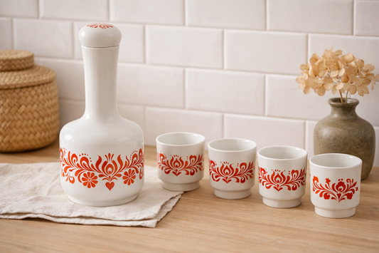 Alföldi Porcelain Wine Set – Hungarian Folk Art Decanter & Cups with red floral folk patterns on white porcelain