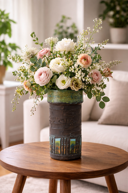 Vintage Brutalist Ceramic Vase – Mid Century Modern Studio Pottery with Textured Glaze holding delicate white and pink flowers on wooden table
