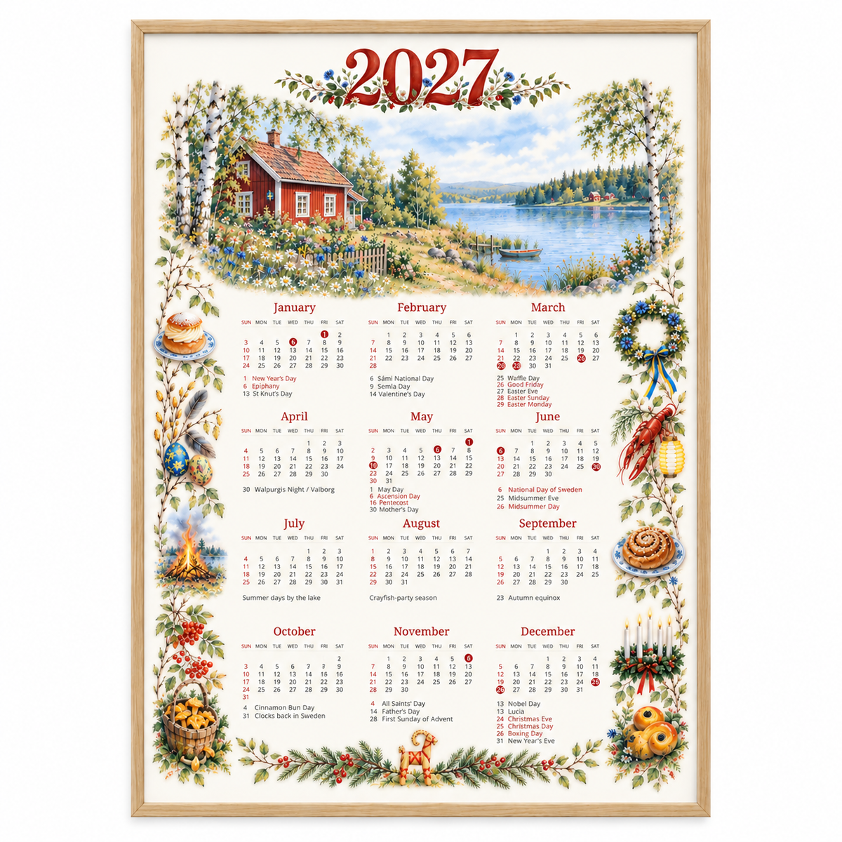 2027 Scandinavian Wall Calendar – Swedish Holidays & Traditions, A3 Silk Paper Print