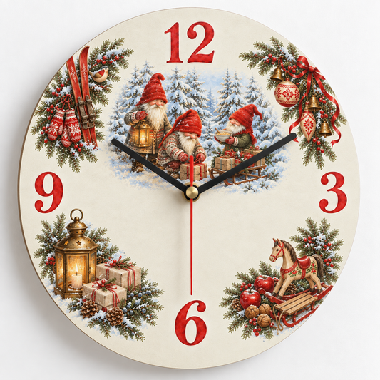 Tomte gnome Scandinavian Christmas wall clock with lanterns and pine garland