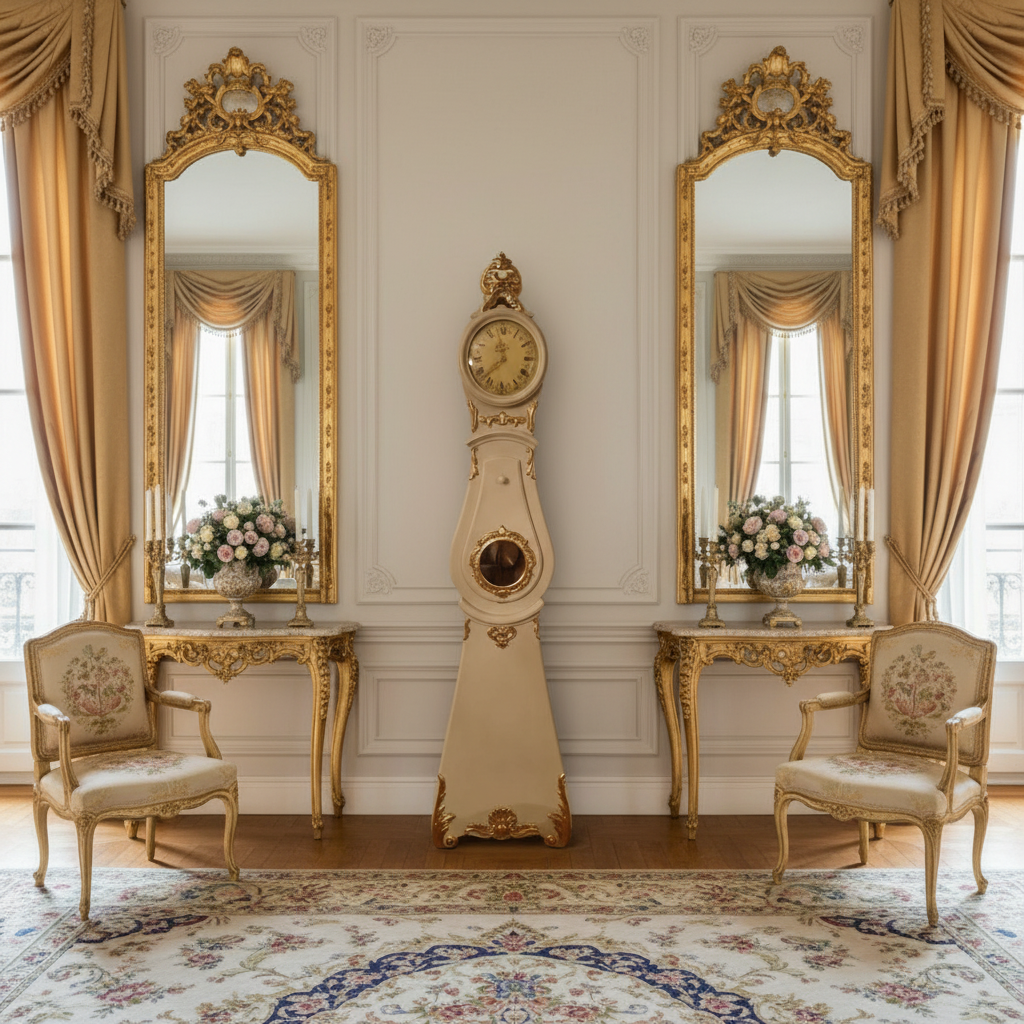 Gustavian style Swedish Mora grandfather clock in a classic room with mirrors and flowers