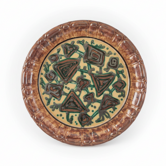 Vintage Swedish Gabriel Keramik Wall Plaque “1936” – Abstract green and brown relief design in ceramic stoneware