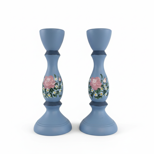 Vintage Hand-Painted Blue Wooden Candlesticks - Swedish Folk Art Decor - Pair, authentic vintage, timeless charm