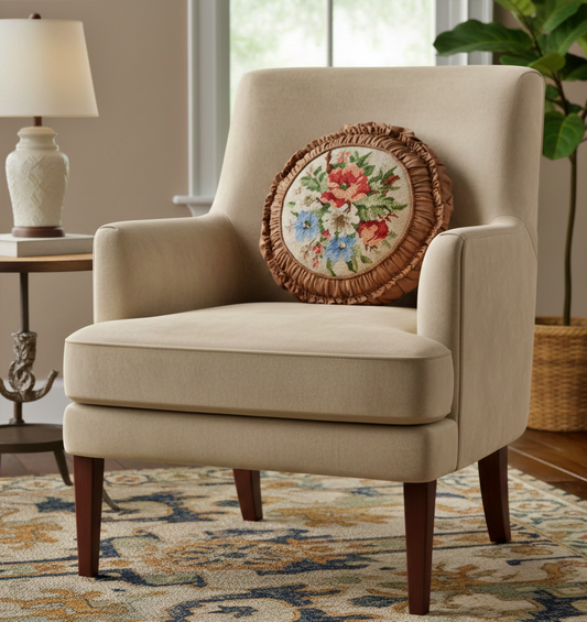 Vintage Embroidered Floral Throw Pillow: Beige Ruffled Cushion on chair, authentic vintage, timeless charm, Scandinavian mid-century modern.