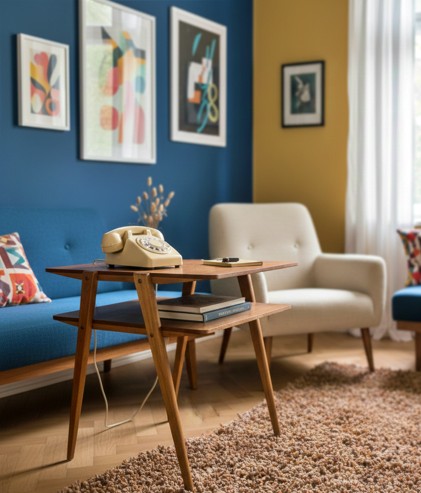 Scandinavian mid-century modern living room with vintage teak table, rotary phone, blue sofa, and abstract wall art.