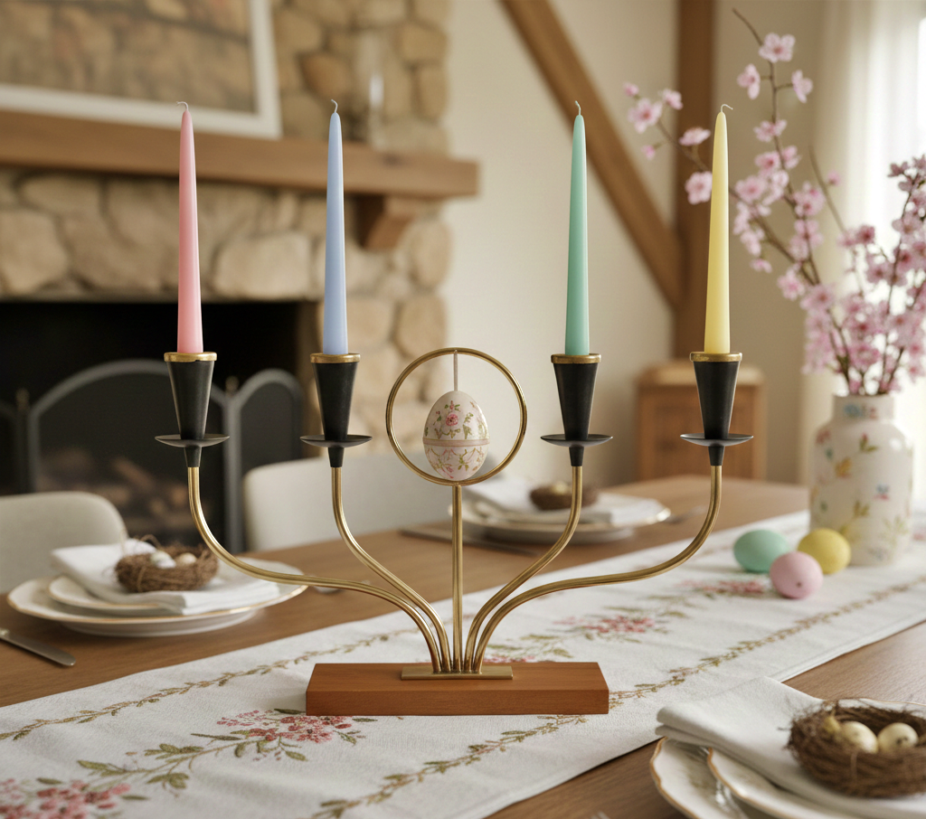Teak Candelabra- Gunnar Ander Ystad Metall Scandinavian Design with pastel candles and vintage charm, timeless mid-century elegance.