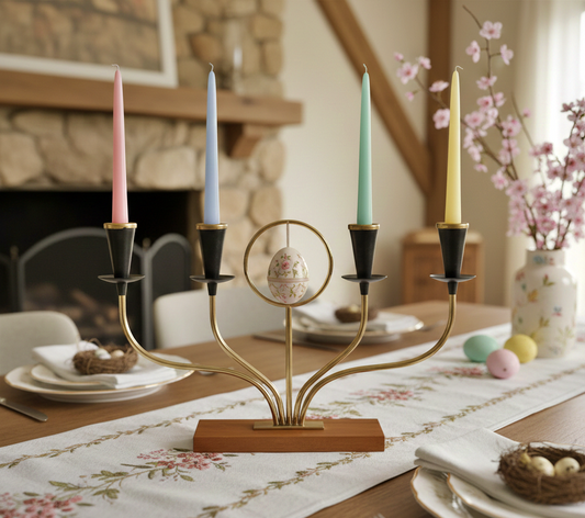 Teak Candelabra- Gunnar Ander Ystad Metall Scandinavian Design with pastel candles and vintage charm, timeless mid-century elegance.