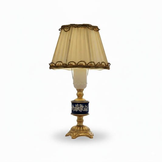 Vintage Swedish Rococo Table Lamp – Ceramic and Brass with Pleated Shade featuring ornate brass base and blue ceramic detail