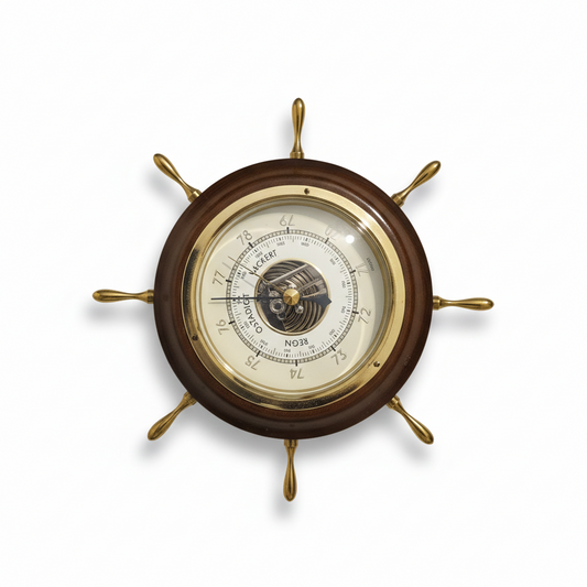 Vintage Nautical Wall Barometer – Mahogany & Brass Weather Instrument with authentic vintage timeless charm in mid-century style