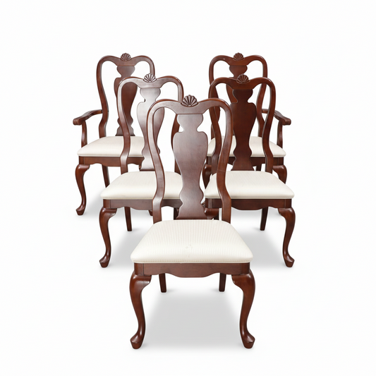 Set of 6 Mahogany Dining Chairs, Queen Anne Style, Hand Carved Shell Back Chairs with timeless charm and authentic vintage appeal
