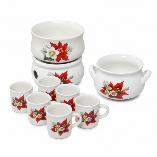 Scandinavian Vintage Ceramic Mulled Wine Pot with Candle Warmer, Christmas Design featuring authentic vintage floral decor, timeless charm.