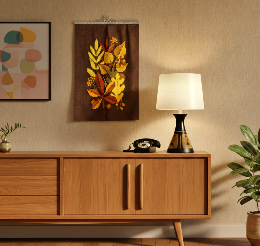 Vintage Scandinavian Woven Tapestry – Autumn Leaves Nordic Wall Art hanging above mid-century wooden sideboard with lamp and retro phone.