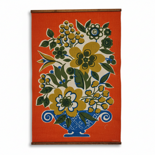 Vintage Berit Thorell Wall Hanging - Mid Century Modern Swedish Textile Art - Large Orange Floral Wall Scroll - Retro Scandinavian Fiber Art showcasing timeless charm and authentic vintage design